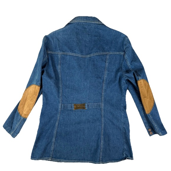 Outlooks Blue 70s Vtg Denim Jacket Womens Sz L Elbow Patches Tailored Buckle USA - Picture 2 of 13